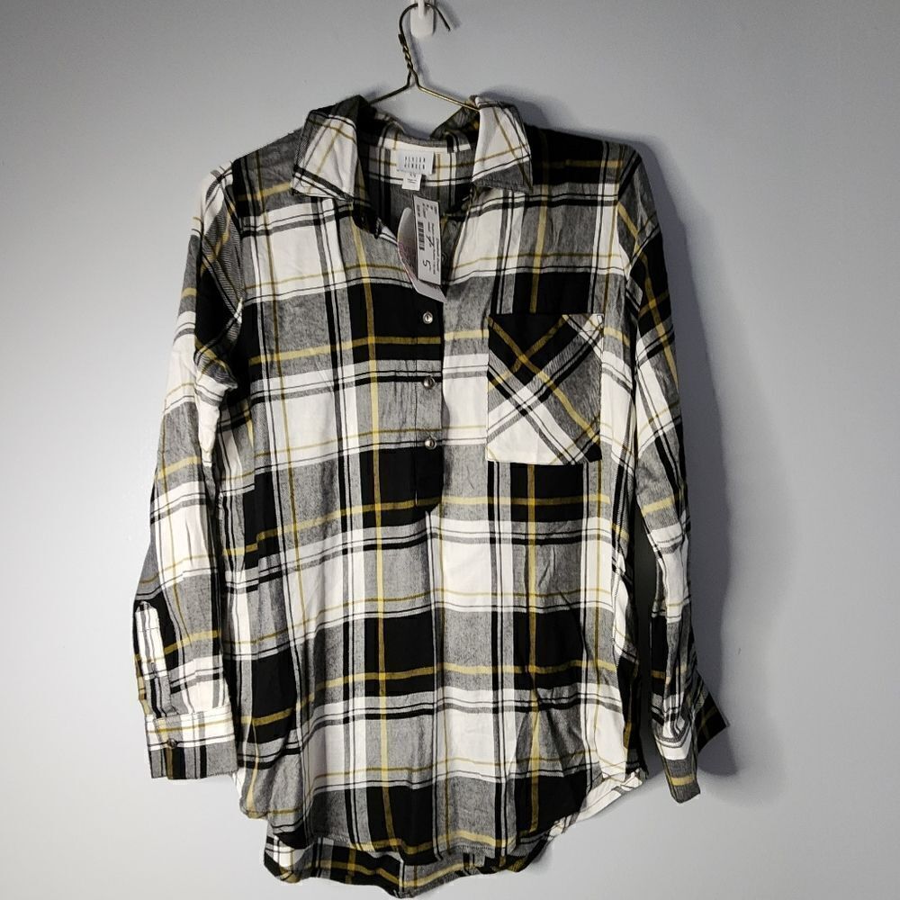 Evereve Peyton Jensen Women Lng Sleeve Plaid Flanel 3/4 Button-Down Shirt XS NWT